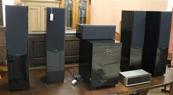 A set of 4 Quad L Series speakers, a powered subwoofer, a 405 amplifier and a Quad 33 tuner (no cables)